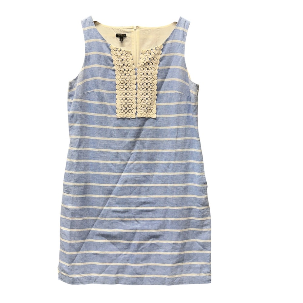 Talbots Shift Dress Womens 12 Striped Crochet Lace Blue White Nautical + Pockets